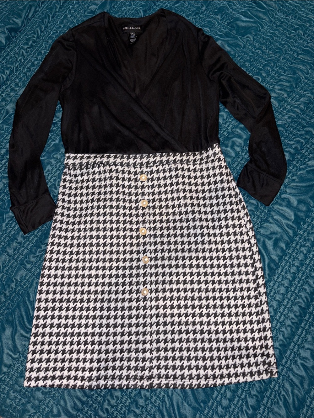 Stella & Jane Black Long-Sleeve Wrap Dress with Houndstooth Skirt